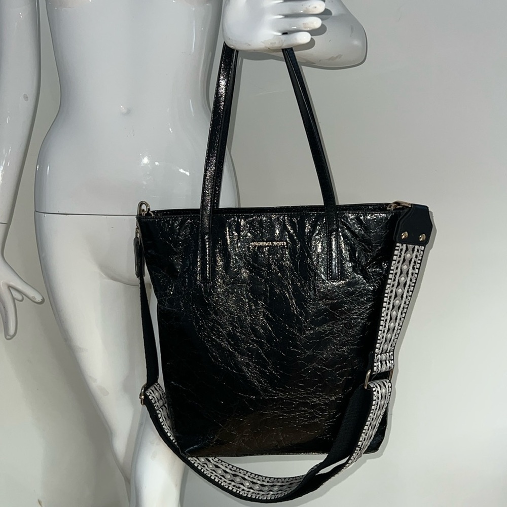 Michael Kors Emry Black Crinkled Leather Women Large North South Tote Bag
